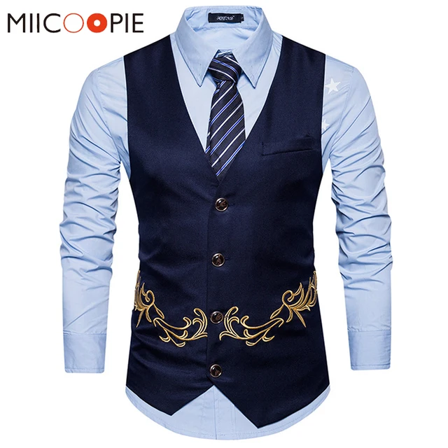 Men Floral Embroidery Vest Fashion Sleeveless Waistcoat Wedding Party Business Gilet Homme Male Single Buttons Suit Jacket XXL 1