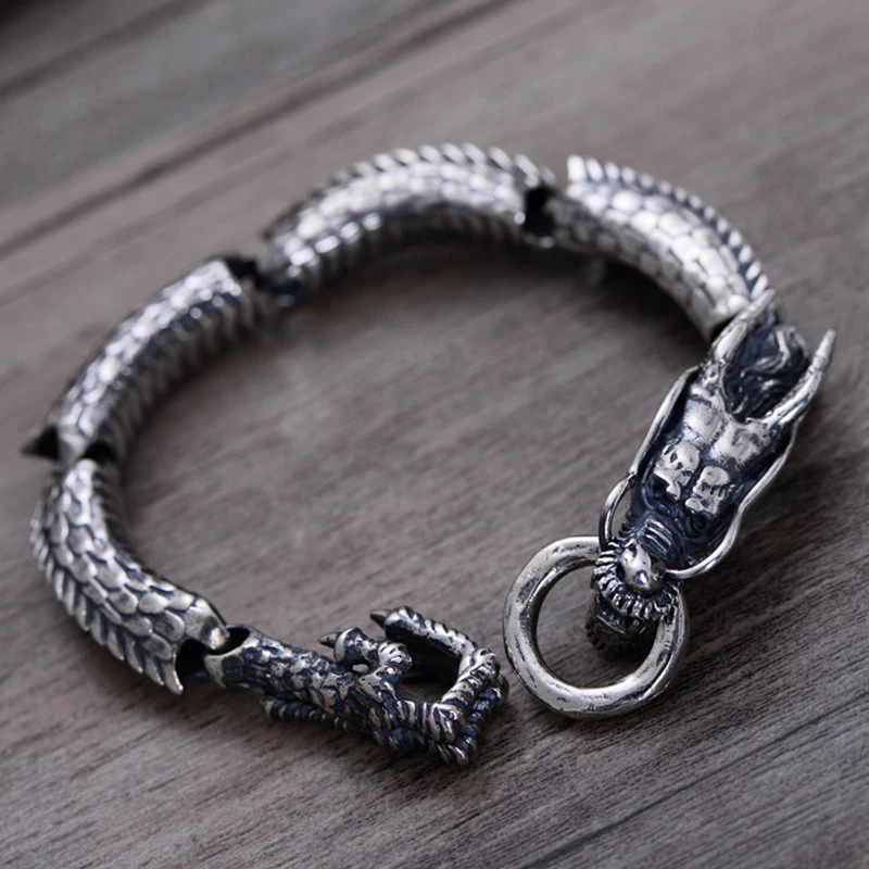

Real 925 Sterling Silver Dragon Scale Bracelet Handmade Vintage Punk Personalized Bracelet Men Jewelry