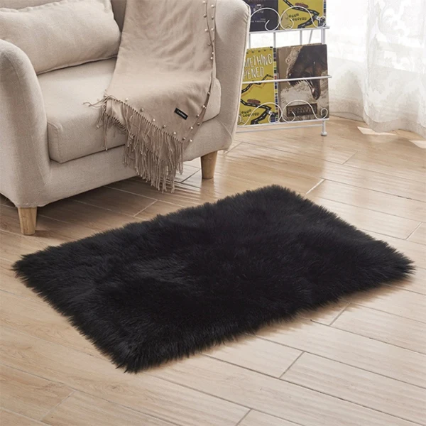 Fluffy Soft Artificial Wool Carpet Fur Area Rugs White Shaggy Rectangle/Square /Area Rugs Warm Seat Pad Home Decor - Color: Black