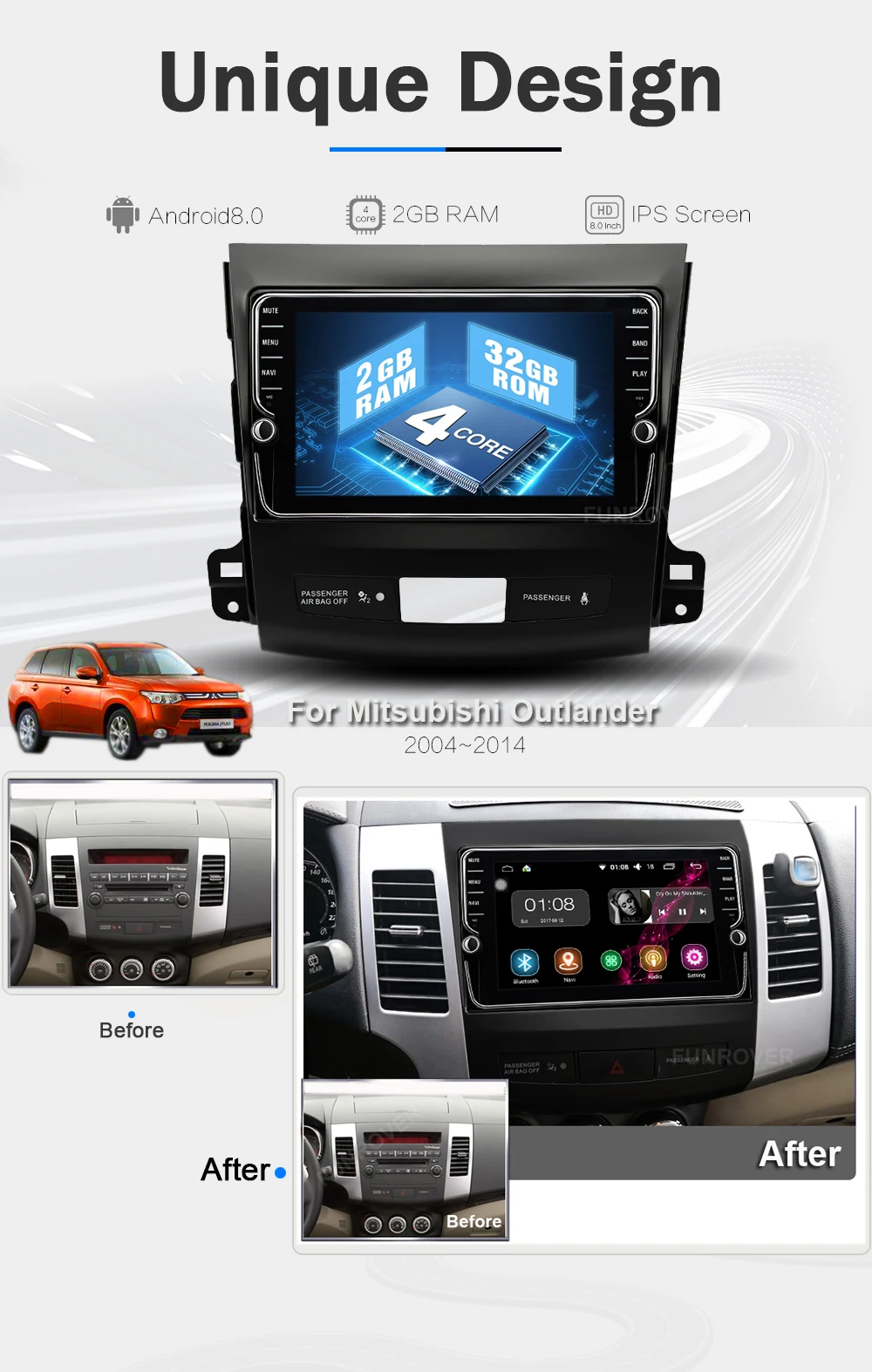 Top Funrover IPS 8" Android8.0 Car dvd GPS Player Radio for Mitsubishi Outlander 2008-2014 Peugeot 4007 Citroen C-Crosser 2din radio 12