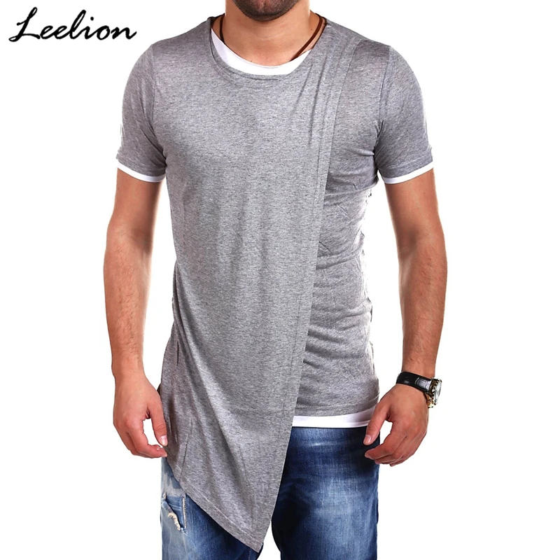 

LeeLion 2018 Summer Fake Two T shirt Men Irregular Hem Short Sleeve T-shirt Fashion Solid Slim Hip Hop Streetwear Man's Tshirt