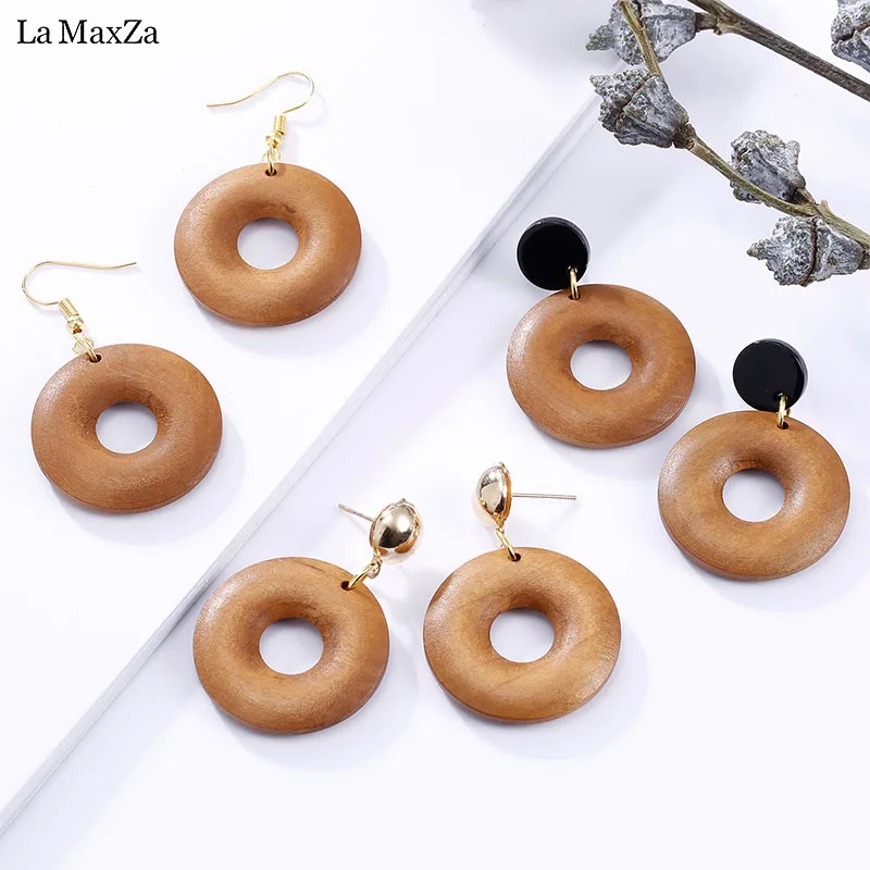 

Natural Wood Drop Earrings for Women Fashion Statement Simple Wooden Round Pendant Dangle Earring Ear Korean Girls Jewelry Gift