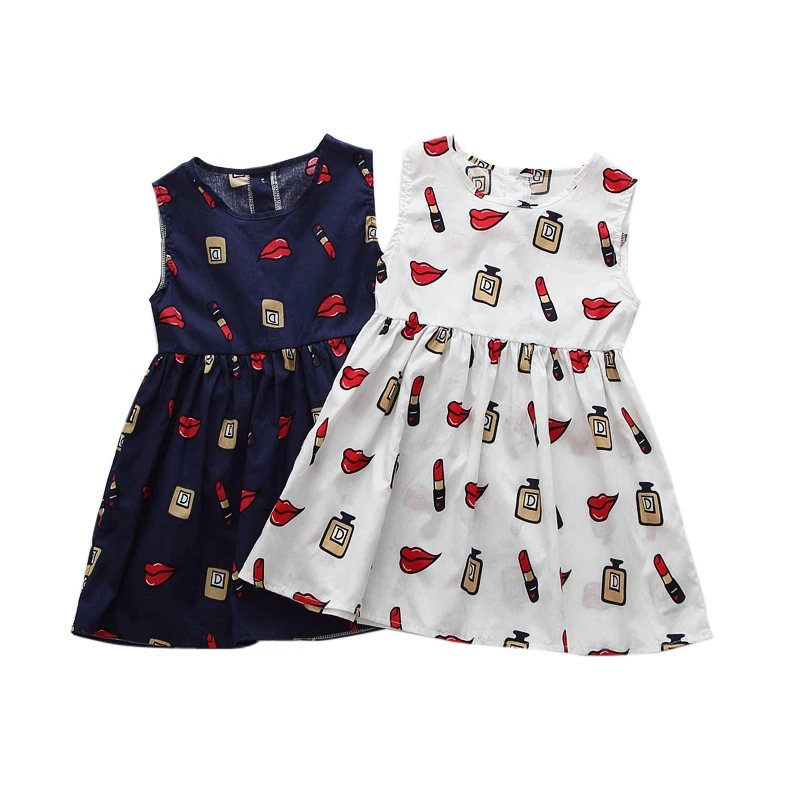 

Fashion Girls Clothes Kids Dress Sleeveless Cotton Linen Girl Sundress Summer Lipstick Print Children Dress for Girls