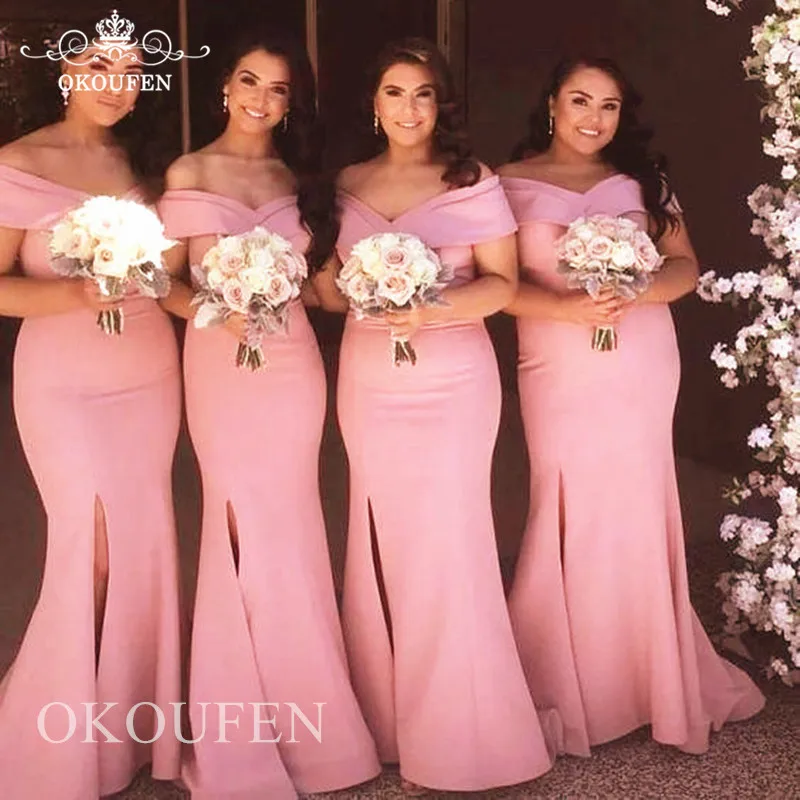 Модное платье с открытыми плечами платье подружки невесты в стиле русалки для Для женщин розовый эластичный атлас Длинные вечерние платье формальное платье
