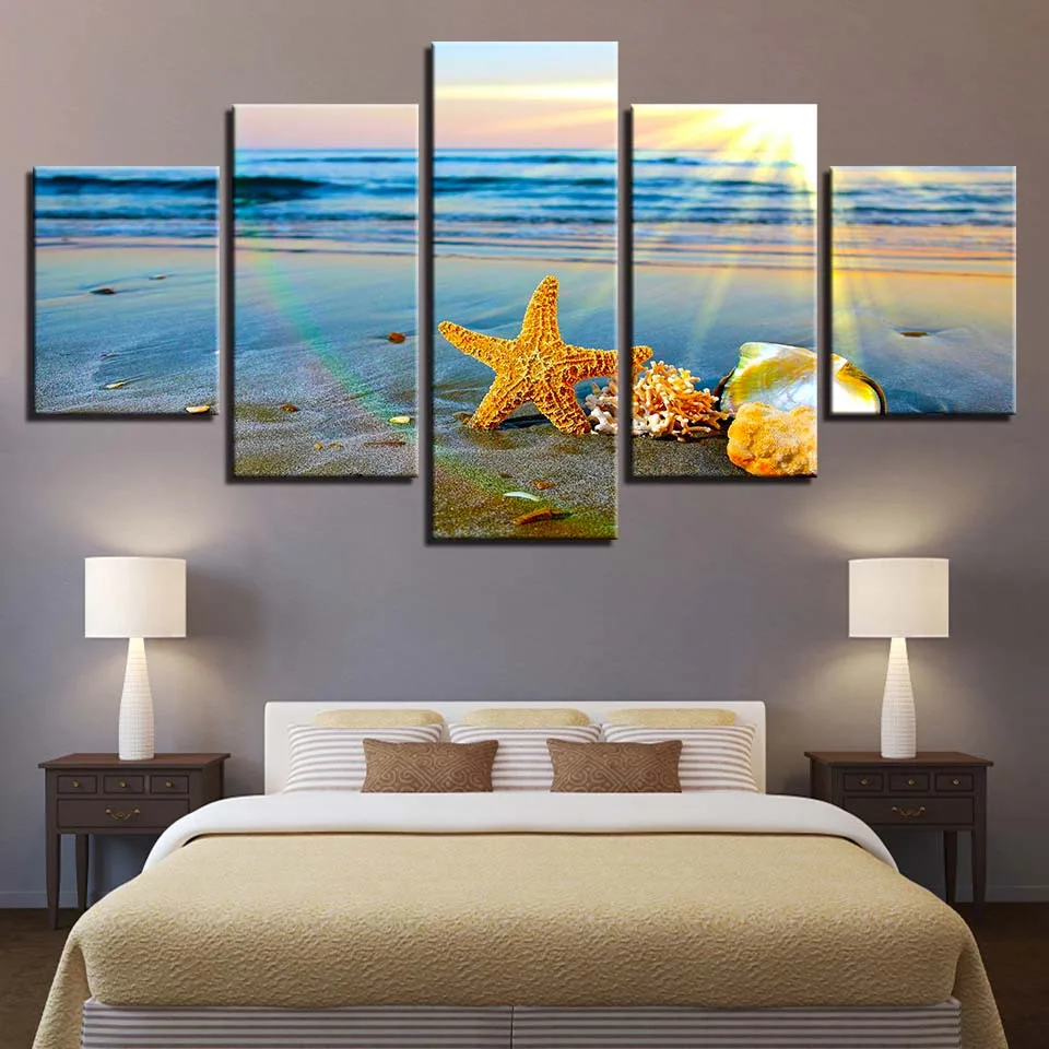 

HD Prints Home Decor 5 Pieces Shell Starfish Wall Art Canvas Painting Sunrise Landscape Modular Pictures Artwork Scenery Poster