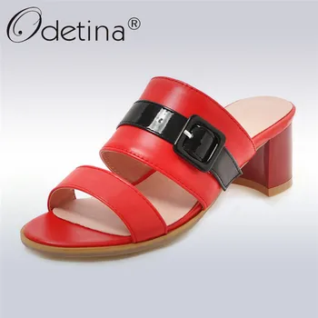 

Odetina New Fashion Women Chunky Block Heel Sandals Open Toe Slingback Summer Mules Sandals Mid Heel Party Shoes Plus Size 34-43