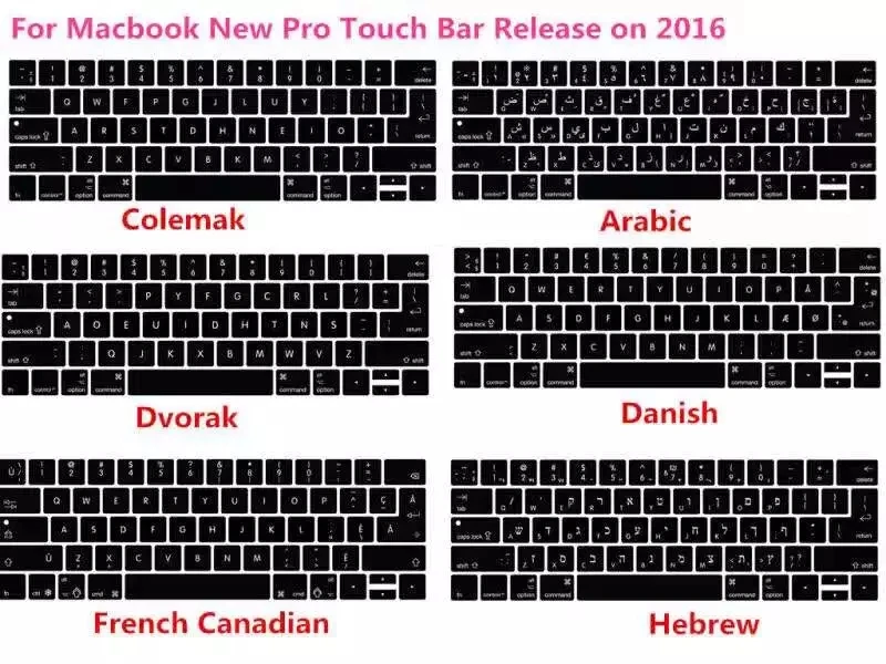 

2016 New Pro 13" A1706 15" A1707 With Touch Bar A1989 A1990 US/EU Turkish Swedish French Hebrew Keyboard Cover Skin For Macbook