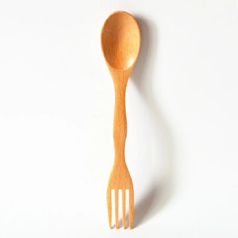 Beech Wood Spork Handle Wooden Spoon Fork 2in1 Body Eco-friendly Kitchen Tool