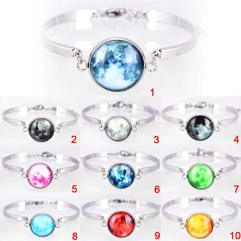 Fashion Silver Plated Luminous Series Moon And Stars Glass Bracelet  Bangle Glow In The Dark Couple Bracelet Gift