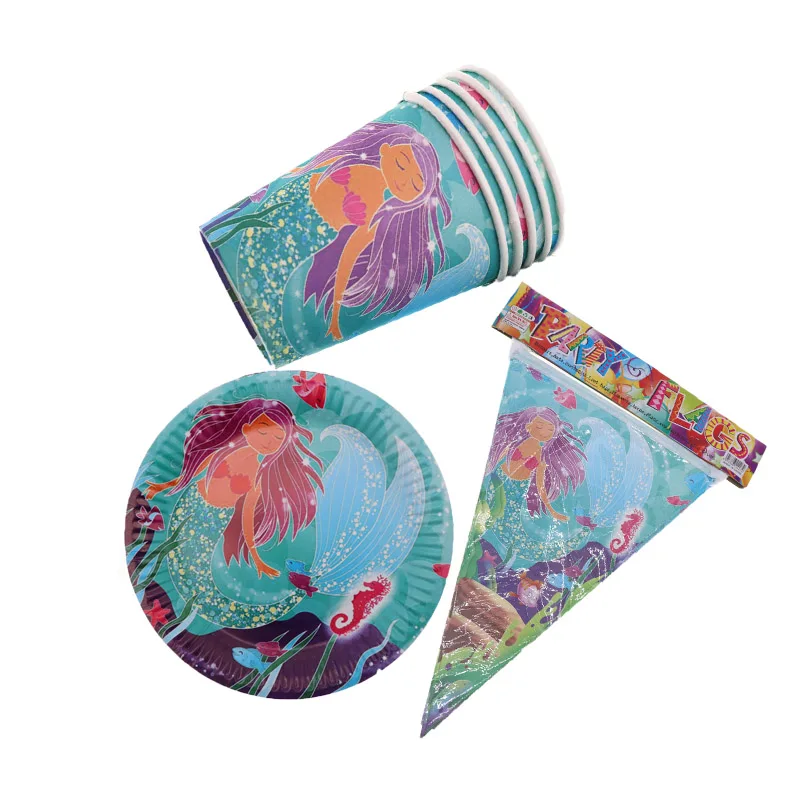 

30Pcs Cartoon Disposable Party Tableware New Mermaid Paper Cup Plate Flag Birthday Decorations Party Supplies Baby Shower Kids
