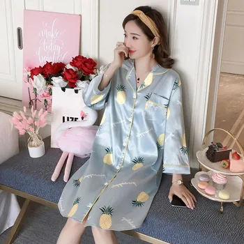 

WAVMIT 2019 Summer Autumn Silk Womens Sleepwear Sexy Sleepshirt Long Print Ladies Nightgown Young Girl Outwear Nightdress Party