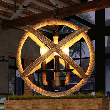 

Loft Style Nordic European style retro Candle Chandelier rural industrial Coffee Hall Rope hemp globe round restaurant bar Light