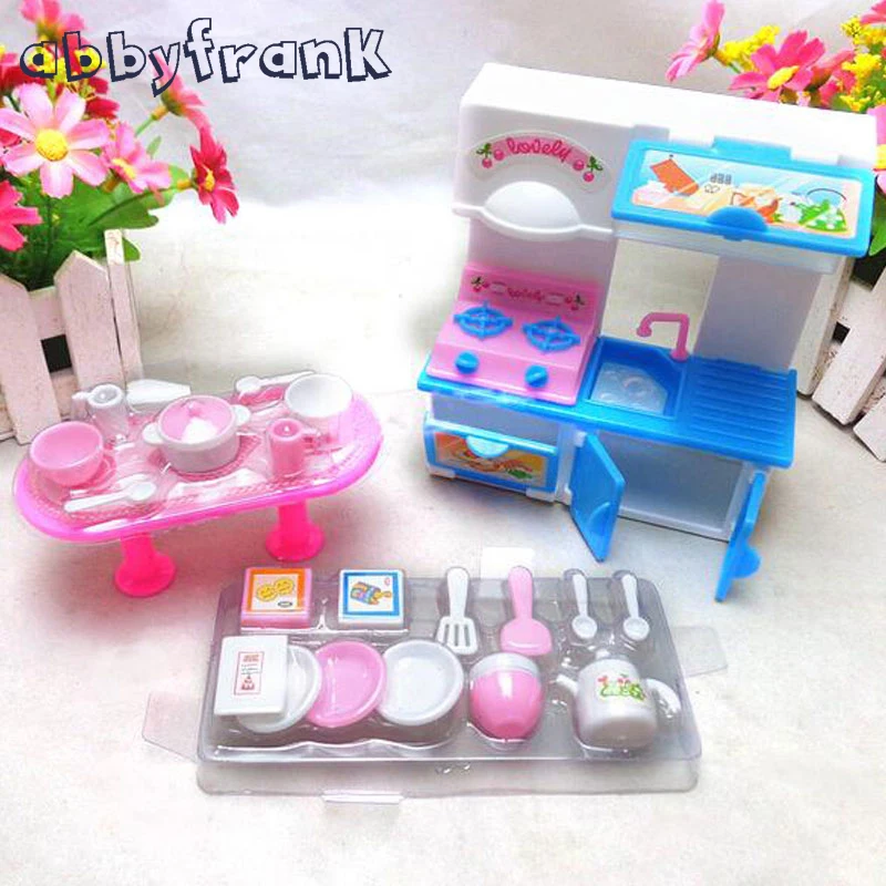 Abbyfrank Dolls Kitchen Toy Set 20Pcs Set Tableware Mini Simulation Cooker Dinnerware Stool House Accessory Dolls