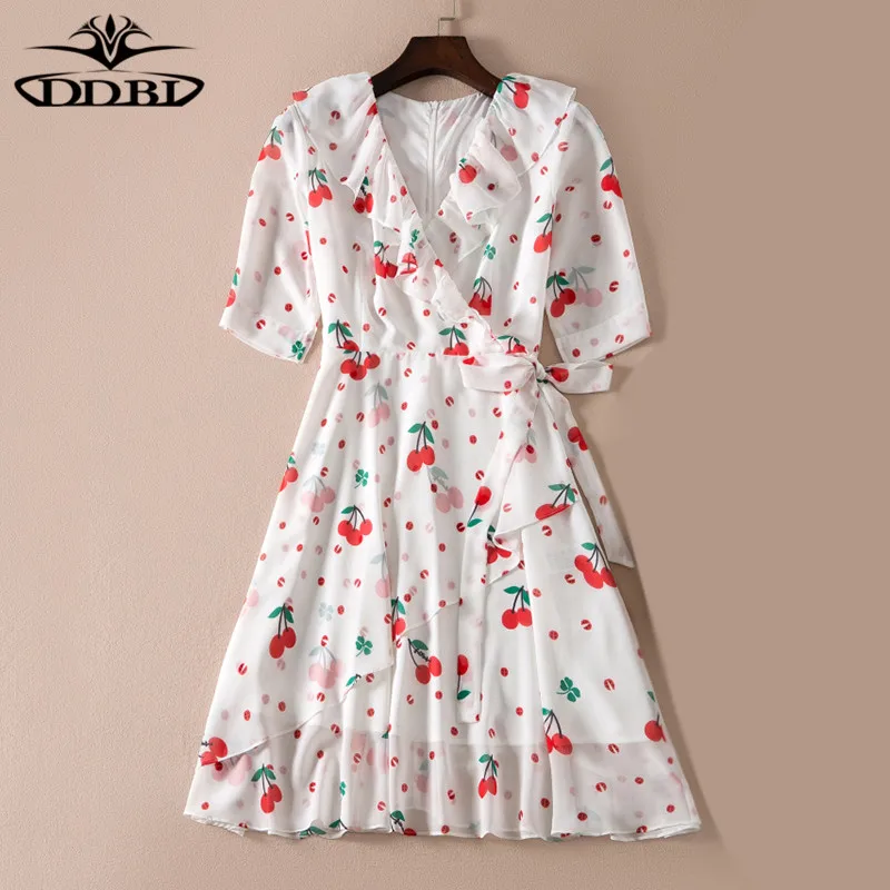 cherries print white dress designer runway dress high quality 2018 20180526