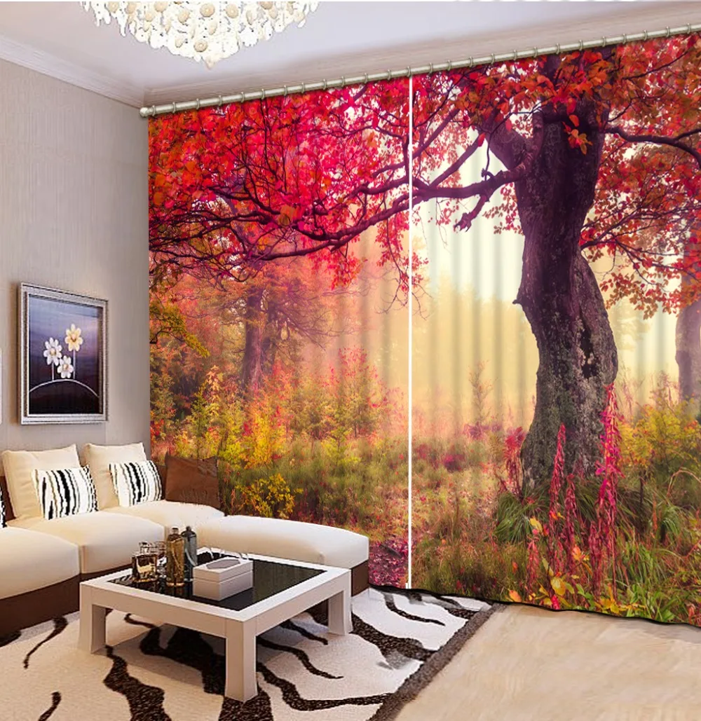 

3D Curtain Photo Customize Size Living Room Big Tree Colored Red Leaves 3D Window Decorative Curtains Blackout Curtain Fabric