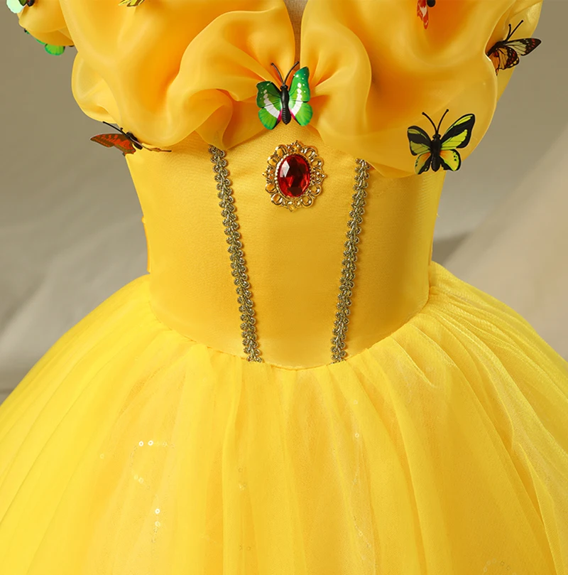 Платье принцессы Белль для девочек Детский карнавальный костюм Красавица и Чудовище рулон бальное платье с круглым вырезом Дети Хеллоуин вечеринка в честь Дня рождения платье