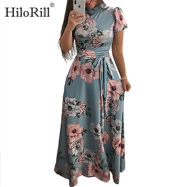 US $9.98 Women Long Maxi Dress 2020 Summer Floral Print Boho Style Beach Dress Casual Short Sleeve Bandage P