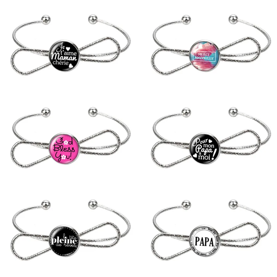 New Je tɺime mama papa love family words glass cabochon bangle Bow style silver color Cuff bracelet jewelry Gift ZB0440/0653 |