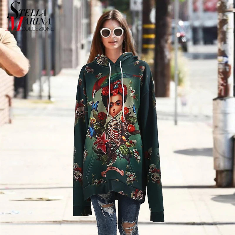 New 2018 Women Green Hoodie Cartoon Printed Pullovers