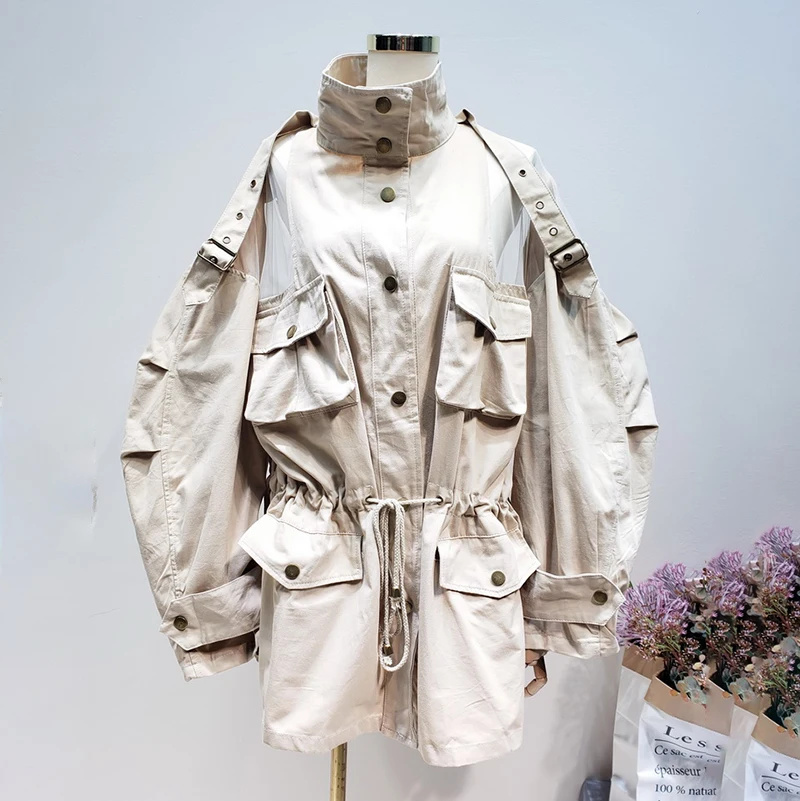 

[EWQ] 2019 Spring Autumn Stand Collar Long Sleeve Netting Hollow Off Shoulder Patchwork Single Breasted Vintage Coat AG15511