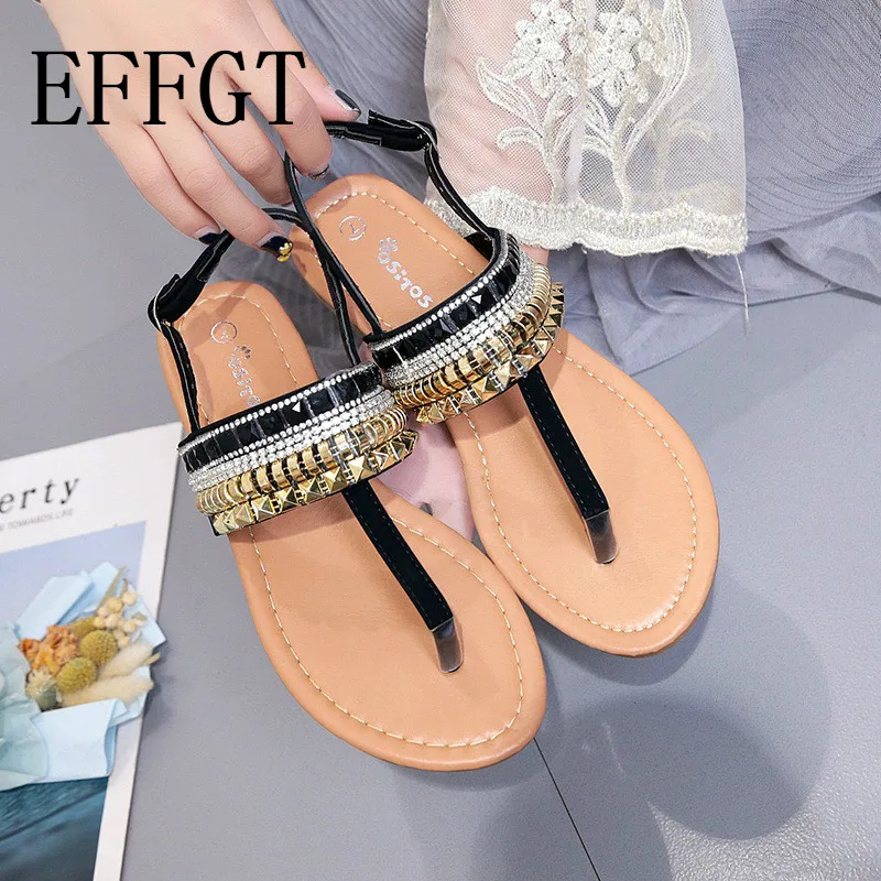 

EFFGT 2019 Flat Casual Bohemian Diamond Thong Sandal Women's Gladiator Sandals Roman summer Flats sandals Plus Size 36-41 K87