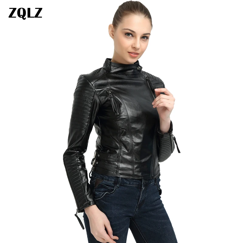 Zqlz New Spring Autumn Black Faux Leather Jacket Women