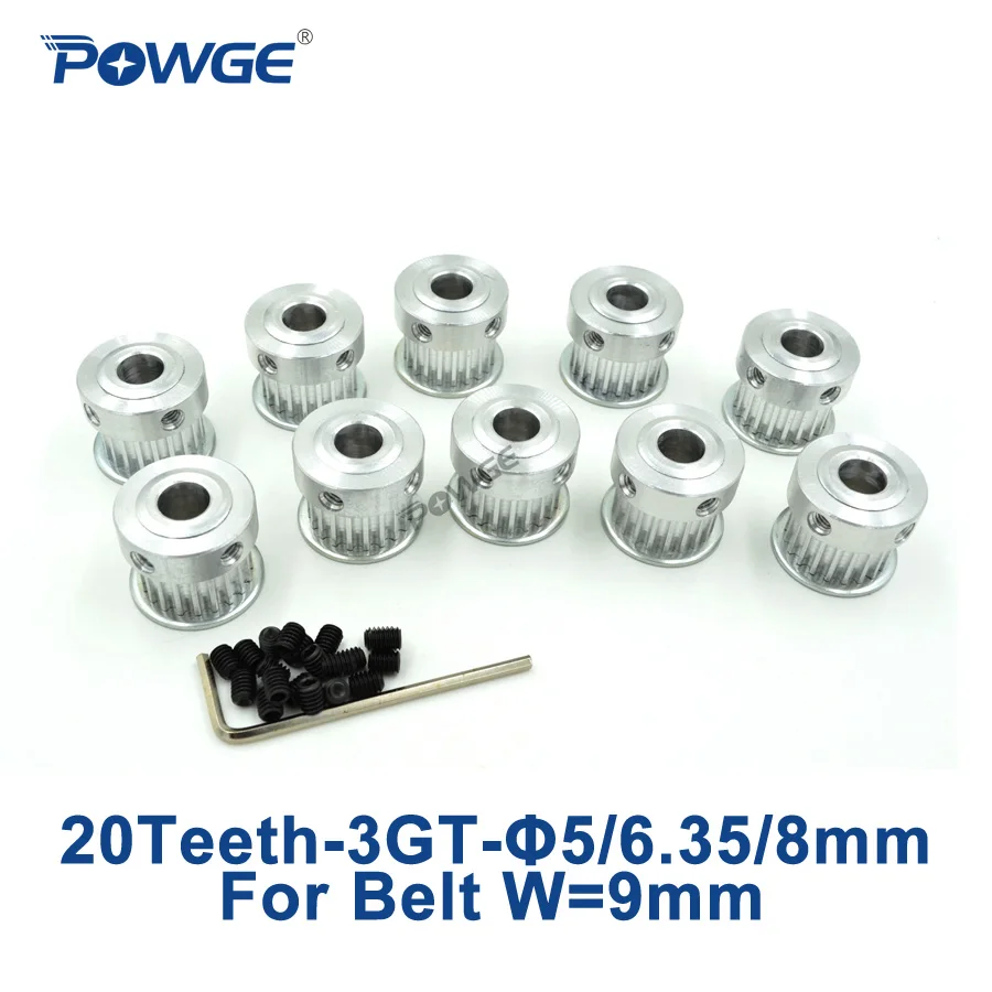 

POWGE 10pcs 3GT Timing Pulley 20 Teeth Bore 5mm 6.35mm 8mm for width 9mm 3GT Open Synchronous Belt GT3 Belt pulley 20Teeth 20T