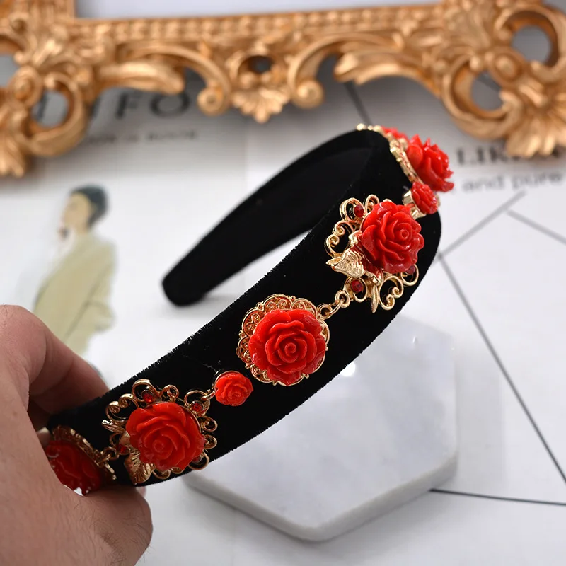 

Floral Hairband Flower Hair Accessories Bride Black Red Rose Hair Accessories Party Headdresses Baroque Jewel Gem Gold Headband