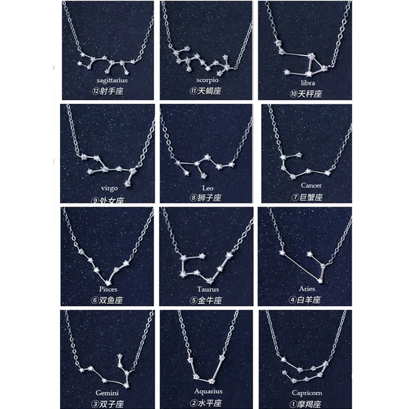 

QIMING Silver 12 Star Zodiac Zircon Crystal Necklaces Horoscope Astrology Constellation Sign Necklace Birthday Wedding Gift