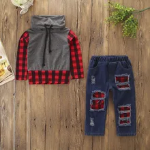 Одежда для маленьких мальчиков из 2 предметов, хлопковые клетчатые топы, футболка, джинсовые штаны, комплекты одежды