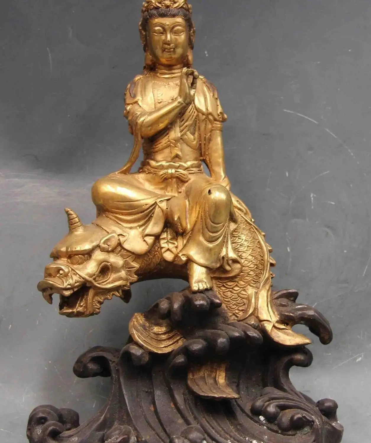 

Chinese bronze copper Kwan-yin Bodhisattva Guan Yin Statue ride on Dragon Fish