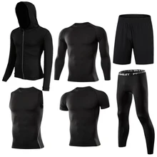 Мужской компрессионный спортивный костюм, набор для бега, для мужчин, для бега, для тренировок, спортивная одежда, сексуальный облегающий спортивный костюм для фитнеса, черный