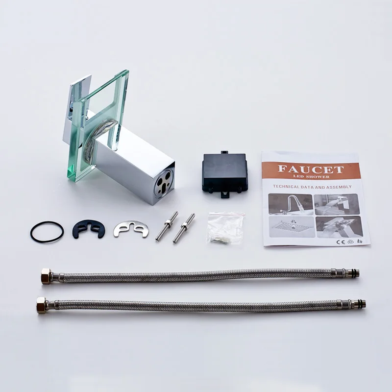 Temperature control three-color LED light glass faucet Square waterfall basin above counter basin hot and cold water faucet Temperature control three-color LED light glass faucet Square waterfall basin above counter basin hot and cold water faucet