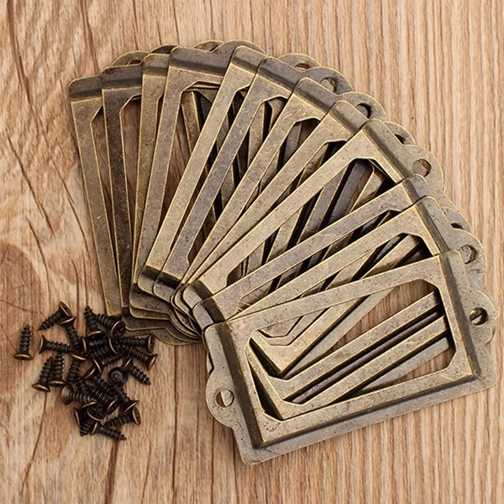 

12Pcs Antique Brass Metal Label Pull Frame Handle File Name Card Holder For Furniture Cabinet Drawer Box Case Bin file shelves