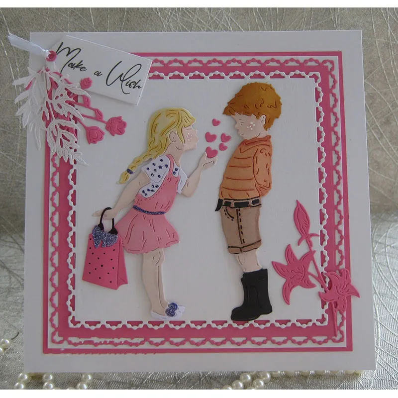 

Girl blowing Hearts to Boy Metal Cutting Dies For DIY Scrapbooking Embossing Papers Cards Decorative Crafts Supplies New 2019