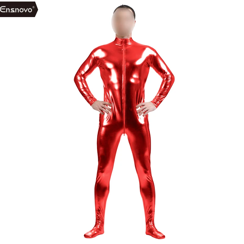 Ensnovo, мужской костюм из Нейлона, Лайкры, спандекса, черный блестящий металлик, колготки, Безголовый, Zentai, для всего тела, комбинезон, на заказ, кожа, косплей, боди - Цвет: Red