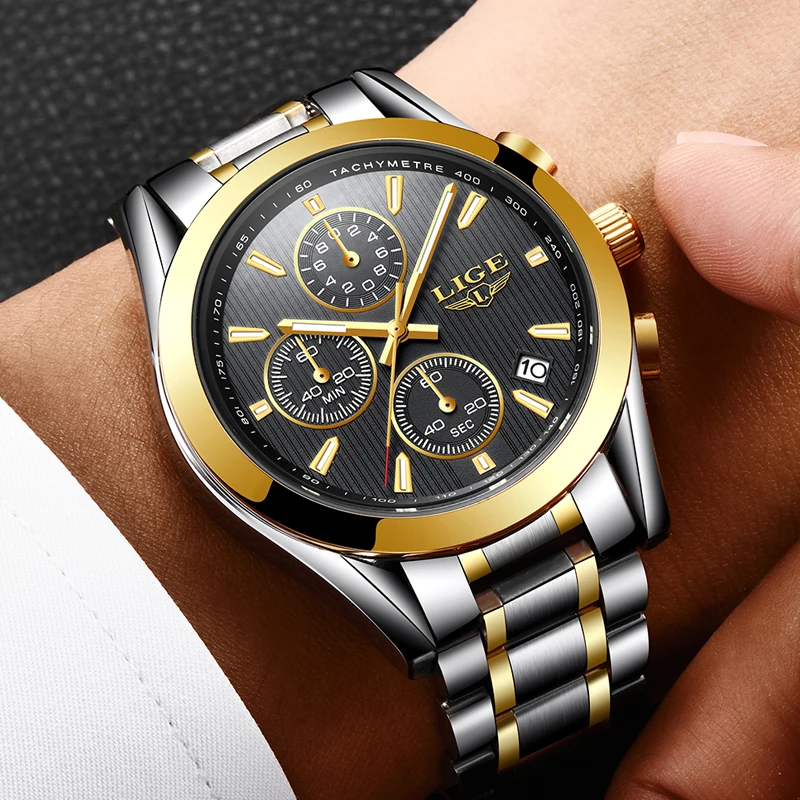

Relogio Masculino Mens Watches LIGE Top Brand Luxury Men Military Sport Watch Mens Stainless Steel Quartz Waterproof Gold Clock