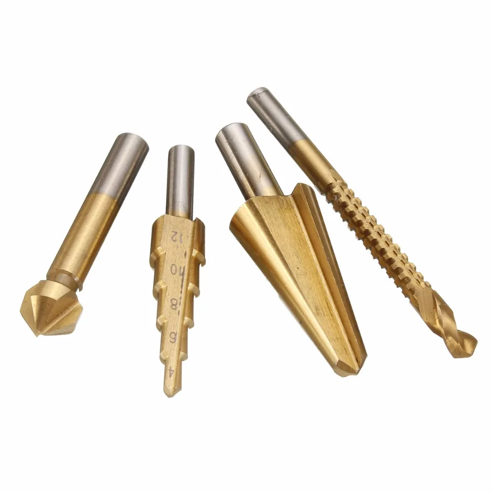 Best 4PCS HSS Titanium Woodworking Umbrella Drill Bit Step Cone Drilling New Arrival Coated Saw Hole Reamer Chamfer Cutter Bit Best 4PCS HSS Titanium Woodworking Umbrella Drill Bit Step Cone Drilling New Arrival Coated Saw Hole Reamer Chamfer Cutter Bit