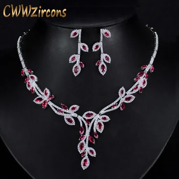

CWWZircons Luxury Dangling Drop Rose Red Cubic Zirconia Party Jewery Nigerian African Big Wedding Necklace Sets For Brides T245