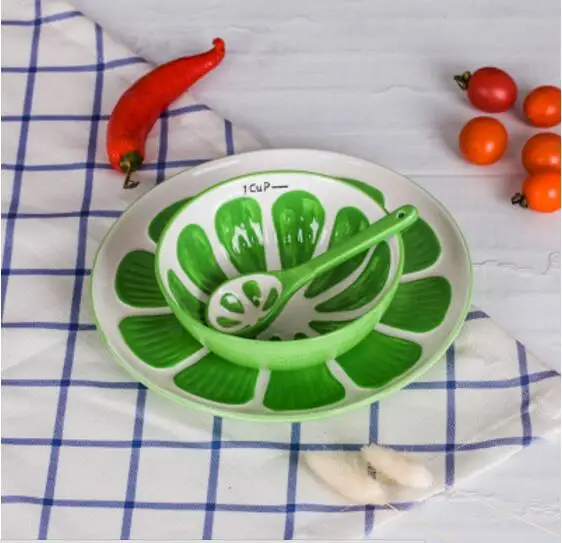 3 шт./компл. Еда фруктов риса салатник керамика Керамика миска посуды чаша ложка; креативное милое ручная роспись для ребенка - Цвет: Зеленый