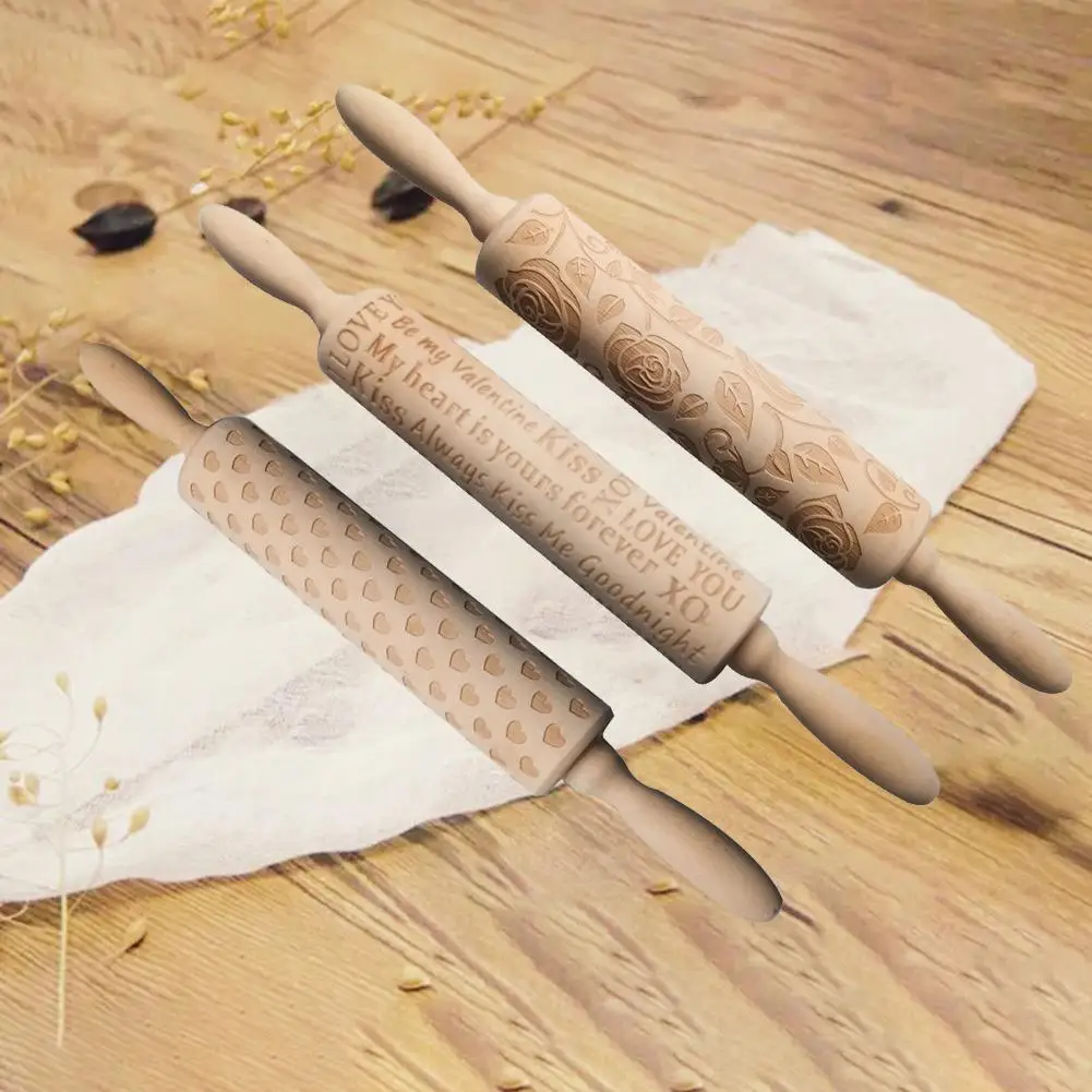

Valentine Letter Heart Flower Emboss Rolling Pin Wooden Rolling Pin Dough Roller Baking Tool Hot