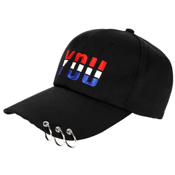 

Spring and Summer Three Tone Letter Embroidery Baseball Cap with Iron ring Breathable eyelet Curved bill Punk Hat Black White