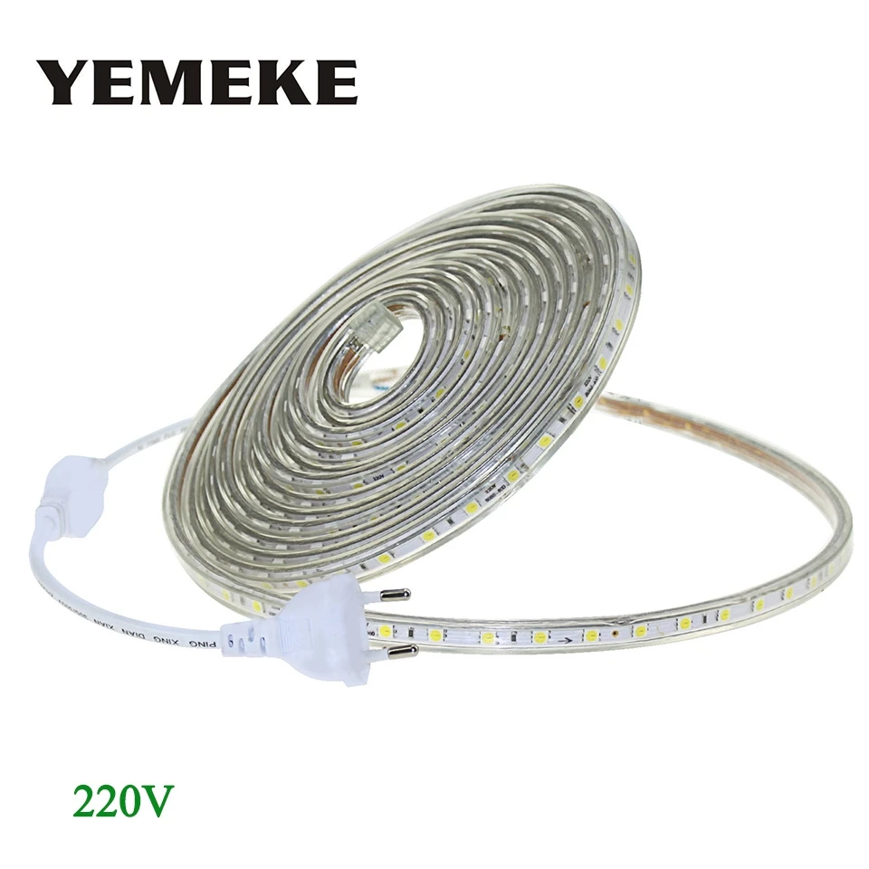 cheap AC 220V LED Strip Light SMD 5050 60leds m IP67 Waterproof LED Flexible Tape 1M 2M 3M 4M 5M 6M 7M 8M 9M 10M 15M 20 + Power Plug