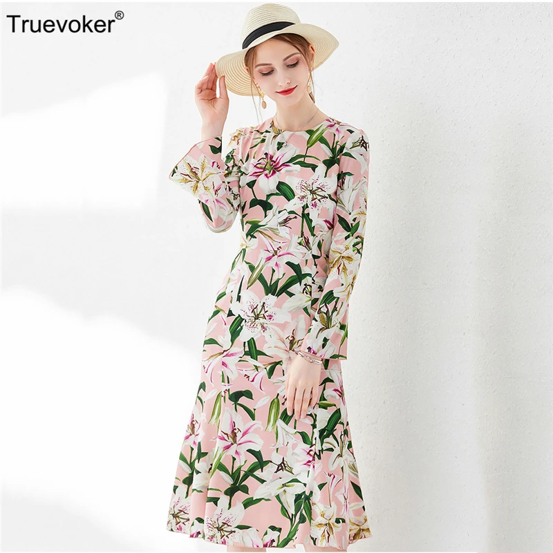 

Truevoker Designer European Dresses Women's High Street Elegant Full Sleeve Lily Flower Printed Midi Boutique Vestidoes