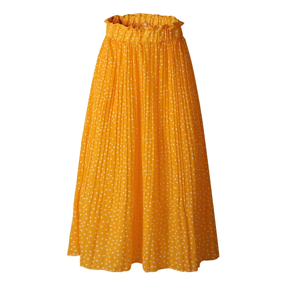 Женские плиссированные юбки с принтом волнистые точки весна лето женские свободные миди длинные корейские элегантные юбки с высокой талией - Цвет: Цвет: желтый