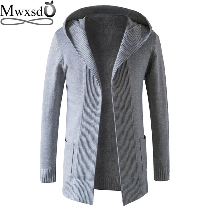 Mwxsd brand Men casual hooded cardigan sweater male solid middle long