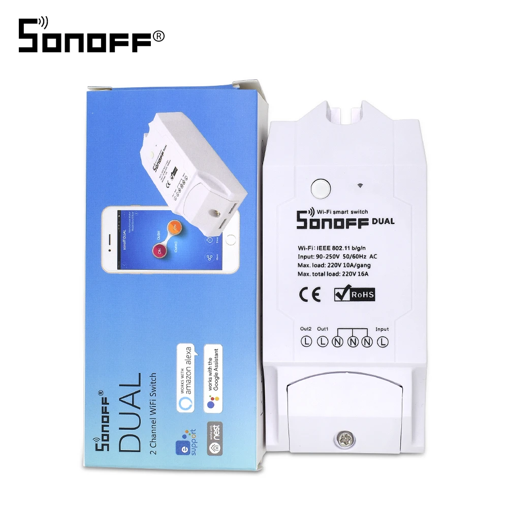 SONOFF Dual 2CH 10a 220v Wireless Switch Light WiFi Remote Control Module DIY Timer Timing for Smart Home Automation SONOFF Dual 2CH 10a 220v Wireless Switch Light WiFi Remote Control Module DIY Timer Timing for Smart Home Automation
