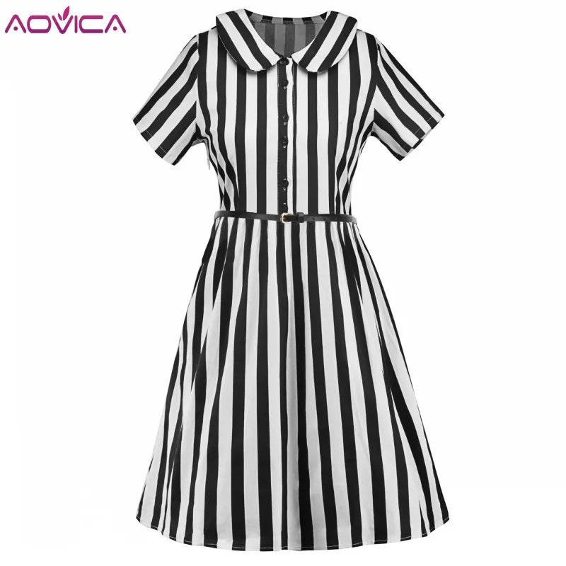 

Aovica Elegant Office Summer Shirt Dress Elegant Black Stripped Cotton Turn Down Collar Wear Work Shirts Women Dresses Vestidos