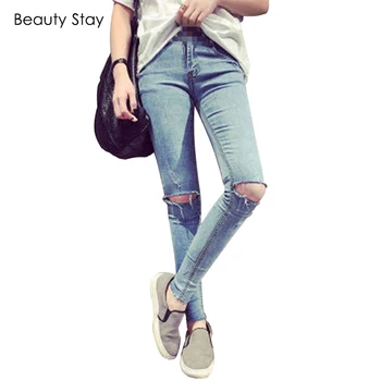 

BeautyStay High Waist Ripped Hole Maternity Jeans Woman Thin Pregnant Women Pregnancy Belly Pencil Pants Ladies Denim Trousers