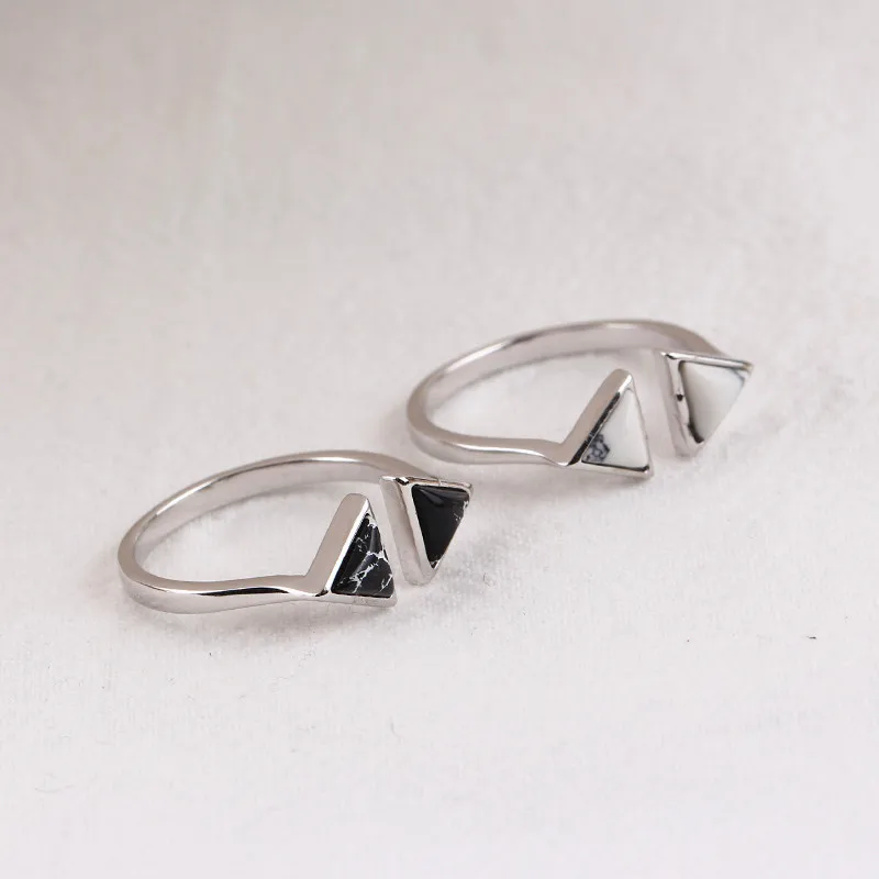

100% Real 925 Sterling Silver Rings for Women Geometric Double Triangle Black Turquoise Finger Ring Adjustable Vintage Jewelry